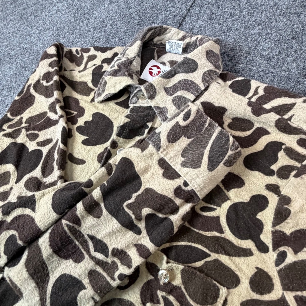Vintage Sports Afield Duck Camo Flannel Shirt Mens Small Brown Tan USA Made
